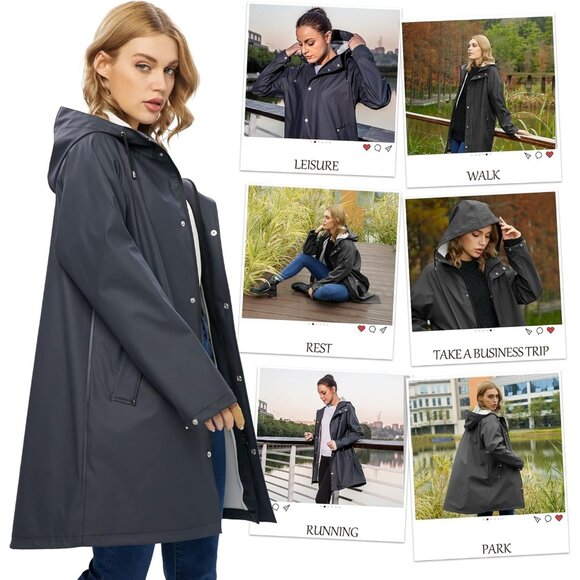 Women’s Upgrade Black Waterproof Rain Jackets Hooded Long Raincoat & Windbreaker - Picture 5 of 5
